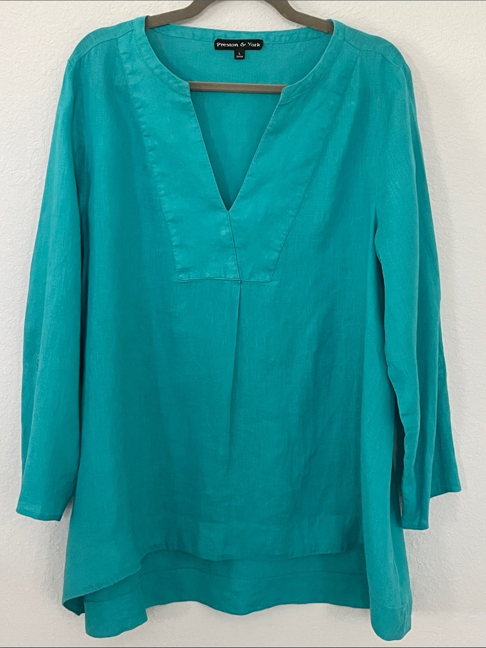 Preston & York 100% Linen Teal Split Neck Tunic Blouse Large Roll Tab Sleeve